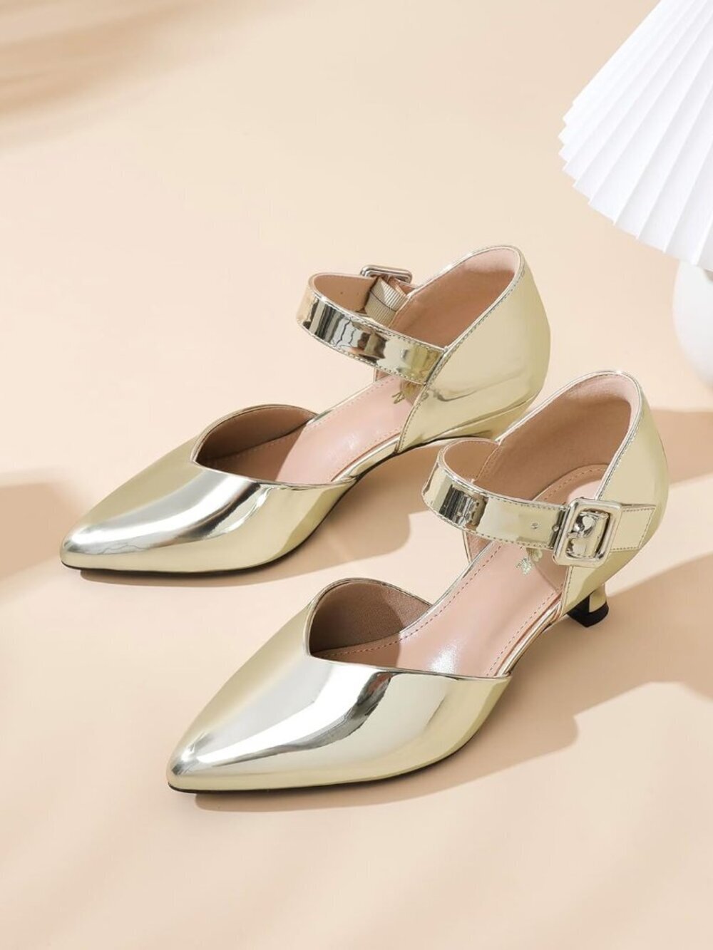 Women's Gold Patent Kitten Pointed Closed Toe Ankle Strap Buckle Heels Shoes